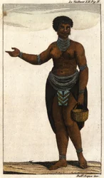 Weibliches Mitglied des südafrikanischen Stammes der Hottentotten, Stich von 1820.