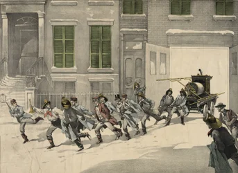 Feuerwehrleute rücken zu Notrufen am Brandort aus, Aquarell von 1895. USA