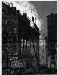 Brand der Opéra Comique in Paris, gesehen von der Rue Marivaux und dem Boulevard des Italiens am 26. Mai 1887. Gravur in „Le Monde illustré“