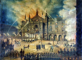 Brand der Wiener Oper Wiener Ringtheater im Jahr 1881. Zeichnung aus dem 19. Jahrhundert