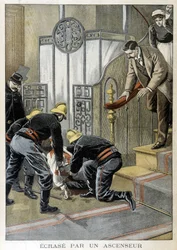 Feuerwehrleute retten einen Mann, der von einem Aufzug in einem Pariser Gebäude eingeklemmt wurde. Illustration des „Little Journal“ von 1899.