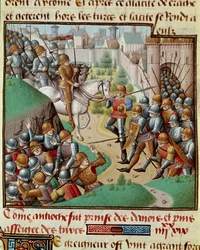 Erster Kreuzzug: „Die Eroberung von Antiochia“. Schlacht unter den Mauern von Antiochia zwischen den Kreuzrittern von Bohemund und der Armee von Karbouka, General des Sultans von Persien im Juni 1098. Miniatur in „Le miroir historial“ (Speculum Historiale)