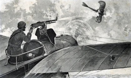 Erster Weltkrieg: Der französische Flieger Jules Védrines (1881-1919) an Bord seines Bleriot schießt ein deutsches Flugzeug Taube ab, 2. September 1914