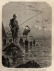 Fischer der Yedo-Bucht (oder Edo, dem heutigen Tokio), von einem Adler ergriffen, bei Ebbe, die Boote legen die Fischer auf trockene Steine in der Bucht, diese bleiben aufrecht, bewegungslos und fischen mit dem Haken die Fische, die sie in eine lange