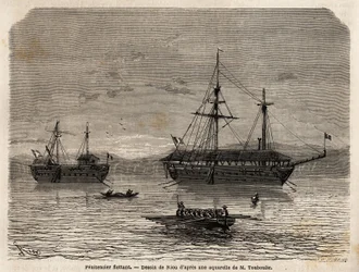 Schwimmende Strafkolonien von Französisch-Guayana, eine Kolonie, die der Gefangenschaft derjenigen gewidmet ist, die die Gerichte übernommen haben und der Männer, die bleiben mussten. Gravur zur Illustration der Reise nach Französisch-Guayana in den Jahren