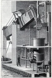 Ehemalige Dampfmaschine von Thomas Newcomen, derzeit in der Nähe von Bristol in England in Betrieb. Gravur in „La Nature“