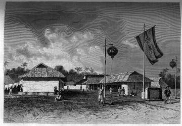 Frankreich in Indochina: Französischer Militärposten innerhalb der Zitadelle von Hue, Hauptstadt von Indochina. Gravur in „Le journal de la jeunesse“