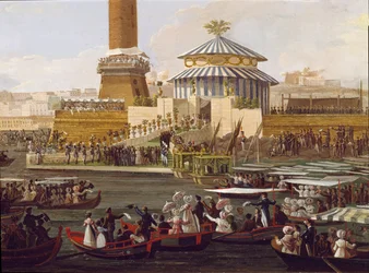 Franz I. beider Sizilien (1777-1830) und seine Gemahlin Maria Isabella von Spanien (1789-1848) bei einer Zeremonie im Arsenal von Neapel. Anonymes Gemälde des 19. Jahrhunderts - Neapel, Museo Nazionale di San Martino