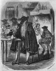François Ravaillac (1578-1610), der Mörder König Heinrichs IV., schwingt in einem Gasthaus das Messer, mit dem er Heinrich IV. treffen soll - Kupferstich des 19. Jahrhunderts