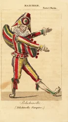 Französischer Komiktänzer und Pantomime Charles-Francois Mazurier als Polichinello in Polichinelle Vampire von Théodore de Banville im Théâtre de la Porte Saint-Martin