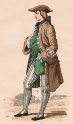 Französischer Gentleman im Jagdkostüm, mit Mantel, Weste und Dreispitz mit einem Dolch an der Seite im XVIII. Jahrhundert (Farbstich)