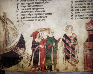 Französischer Kaufmann in Venedig. Miniatur aus dem „Roman de Troie“ von Benoît de Sainte-Maure. 14. Jahrhundert, Biblioteca Marciana, Venedig