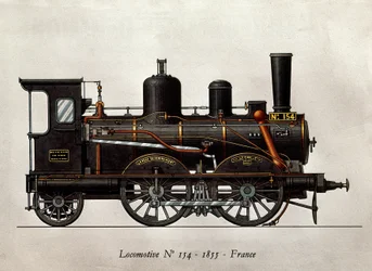 Französischer Zug: Lokomotive Nummer 154 von 1855. Gravur. Paris, Kunstgewerbemuseum