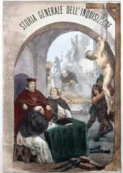 Frontispiz der Allgemeinen Geschichte der Inquisition von Pietro Tamburini mit einer Illustration, die Szenen der symbolischen Inquisition darstellt. Mailand 1850