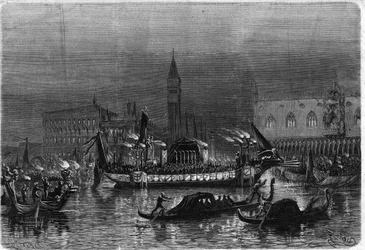 Beerdigung von Daniele Manin (1804-1857), der am Risorgimento teilnahm, in Venedig: die Leichengondel, die die Asche zur Kirche St. Zacharias trägt, fährt am Königspalast vorbei. Gravur in „Das Illustrierte Universum“.