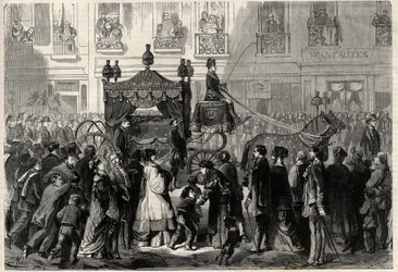 Begräbniszug während der Beisetzung von Gioachino Rossini (1799-1868) in Paris. Gravur in „L
