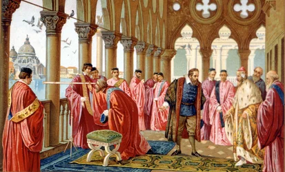 Galileo Galilei (1564 - 1642) präsentiert sein Fernrohr im Dogenpalast in Venedig