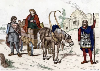 Gallische Behausung, Frau, Bauer, Wagen, reicher Bauer, Geschirr.