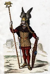 Gallischer Anführer mit dem Zeichen des Krieges - in „Die zivilen und militärischen Trachten der Franzosen im Laufe der Jahrhunderte, Paris, F. Roy, 1882“