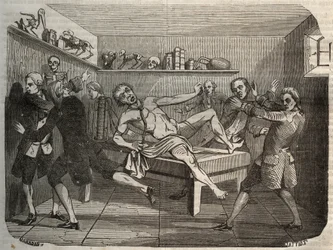 Galvanisierung der Leiche eines Henkers mit der Batterie von Alessandro Volta: Unter dem Einfluss von Elektrizität scheint die Leiche wieder zum Leben zu erwachen