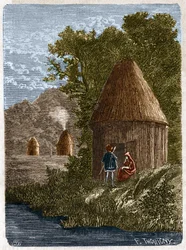 Gallische Häuser. Gravur des 19. Jahrhunderts.