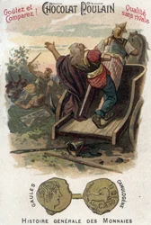 Gallier Aulerque: Schlacht von Lutetia zwischen Camulogene und Labienus im Jahr 53 v. Chr. In Allgemeine Geschichte der Münzen. Schokoladen-Fohlen-Chromolithographie aus dem späten 19. Jahrhundert. Private Sammlung.