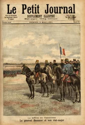 General Felix Gustave (Felix-Gustave) Saussier (1828-1905) und sein Stab überprüften die Truppen in Vincennes. Gravur in „Le petit journal illustrious“ 09/05/1891. Sammlung Selva.