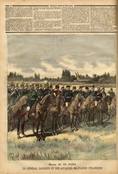 General Félix Gustave (Félix-Gustave) Saussier (1828-1905), seit 1884 Militärgouverneur von Paris, von ausländischen Militärattachés umgeben, nimmt während der Parade am 14. Juli 1891 auf der Ebene des Bois de Boulogne die Truppen ab. Stich in „Le Petit