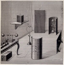 Allgemeines Layout der Experimente von Heinrich Hertz (1857-1894) über elektrische Wellen - in „Physique populaire“ von Emile Desbeaux, Flammarion