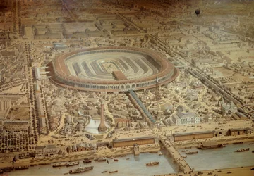 Gesamtansicht der Weltausstellung 1867 in Paris. Im Zentrum die Militärschule des Champ de Mars. Gravur Paris, Musée Carnavalet