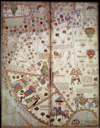 Geografische Karte: China, Ganges-Tal, Sumatra, Ceylon. Katalanischer Atlas (Katalanische Karte) (Spanien). Manuskript von 1375 (Folio 2v - Folio 3)