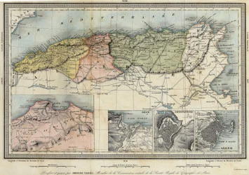 Geografische Karte von Algerien und Details der Provinzen Algier, Oran und Constantine, erstellt von Amboise Tardieu.