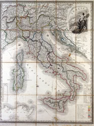 Geografische Karte Italiens von 1850 mit der Abgrenzung der Grenzen der verschiedenen Staaten, aus denen das Land vor dem Risorgimento bestand.