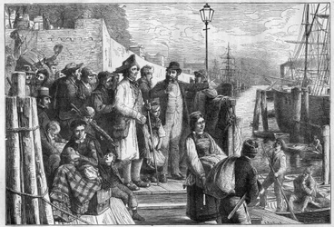 Deutsche Auswanderer nach New York, die 1874 auf einem Hamburger Dampfer einschiffen - Gravur