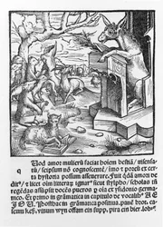 Deutscher Inkunabel, der einen Esel zeigt, der einer Klasse von Waldtieren Unterricht gibt. 1490.