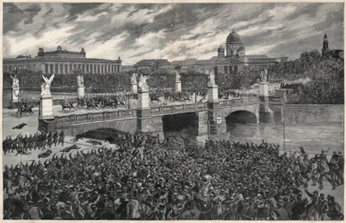 Deutsche Arbeiter, die in Berlin randalieren, werden von der Polizei geräumt, um den Durchgang von Kaiser Wilhelm zu ermöglichen