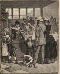 Glaskunst: Touristen kaufen eine Perle, die in einer Glasfabrik in Venedig, Italien, geblasen wurde. Gravur von 1885 in „Les arts et métiers illustrés“ von Adolphe Bitard.