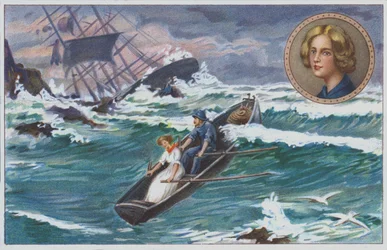 Grace Darling rudert mit ihrem Vater, um Überlebende des gestrandeten Schiffs "Forfarshire" im Jahr 1838 zu retten