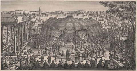 Großes Bankett von Tamerlan (1336-1405) in der Ebene von Khani Gheul zur Feier der Hochzeit seiner Enkelkinder - Gravur aus dem 19. Jahrhundert.