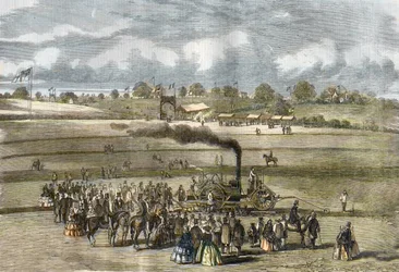 Großbritannien: Landwirtschaft, Pflügszene. Boydell-Dampfpflug in der Nähe von Louth im Jahr 1854.
