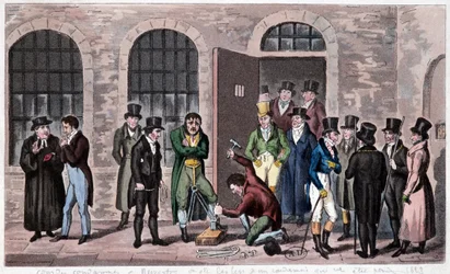 Gefängnis von Großbritannien: Ein Todesurteil ist am Newgate-Gefängnis in London angebracht (oft in den Romanen von Charles Dickens erwähnt). Gravur um 1823. Bibliothek der dekorativen Künste