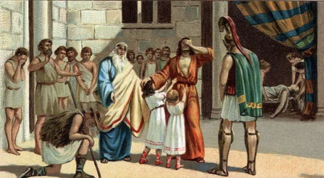 Große griechische Tragödien: „König Ödipus“ von Sophokles. Ödipus, blind, stützt sich auf zwei seiner Töchter. Zu seiner Linken sein schöner Vater Kreon, zu seiner Rechten der Seher Tiresias und ein alter Hirte, der die wahre Identität von Ödipus enthüllt.