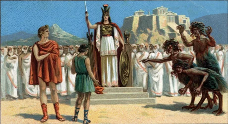 Große griechische Tragödien: „Die Orestie“ von Aischylos. Orestes erschien vor dem Areopag oder Obersten Gerichtshof von Athen, geleitet von der Göttin Pallas Athene oder Minerva, unterstützt von Apollo. Rechts sind die Eumeniden (die drei Furien).