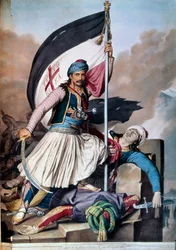 Griechischer Unabhängigkeitskrieg gegen das Osmanische Reich: Die Fahne wird in Salona gehisst (Lithographie, 1821)