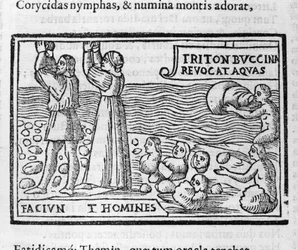 Griechische Mythologie: Deukalion und Pyrrha werfen nach der Sintflut Steine, aus denen Menschen entstehen, um die Erde zu bevölkern. Holzschnitt aus dem 16. Jahrhundert