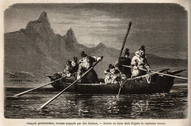 Grönland Umyak, eine Art Boot, das von Frauen betrieben wird. Illustration der Reise zum freien Meer des arktischen Pols, von Doktor Hayes, Chirurg der US-Marine, 1860-1862, veröffentlicht in "Le tour du monde, nouveau journal des voyages", herausgegeben v