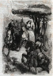 Griffon trifft Origille - Gravur von 1851 aus „Roland der Rasende“ (Orlando furioso) (16. Jahrhundert) von Ludovico Ariosto, bekannt als der Ariosta - Ausgabe, übersetzt aus dem Italienischen von Graf von Tressan und veröffentlicht von Gustave Harvard 1851