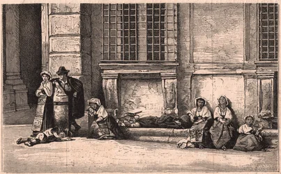 Gruppe neapolitanischer Bauern vor dem Palazzo Farnese in Rom, Italien