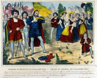 Guillaume Tell (legendärer Held der Schweizer Unabhängigkeit). Der Barbar Gesler zwingt Guillaume Tell, mit einem Pfeil einen Apfel vom Kopf seines Kindes zu schießen. 19. Jahrhundert Gravur