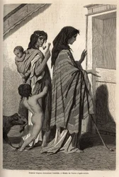 Zigeunerfrauen und -kinder, in Lumpen oder halb nackt, die von Tür zu Tür Almosen in Essek (Donau-Becken) erbitten. Gravur zur Illustration der Reiseerinnerungen unter den südlichen Slawen, von Georges Perrot, 1868, veröffentlicht in „Le tour du monde“ 187
